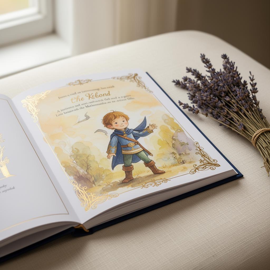 Heirloom-quality personalized children's book on a soft linen surface
